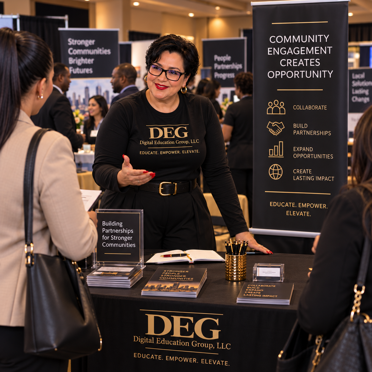 Illustrative scene of Dr. Kat connecting with attendees at a community partnership event