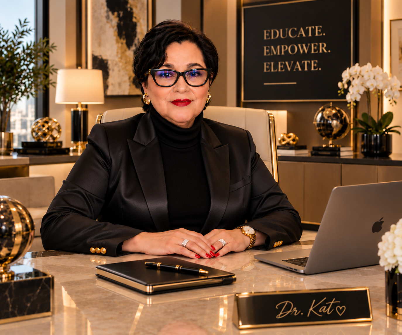 Dr. Kat seated at her desk