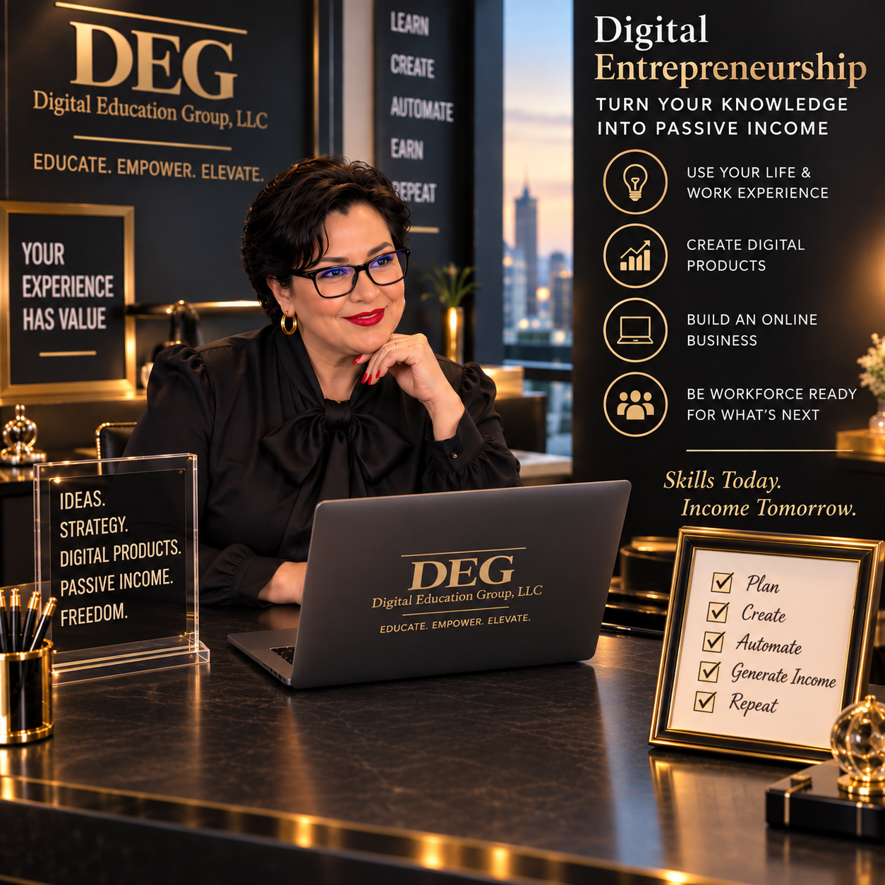 Illustrative portrait of Dr. Kat at a laptop with digital entrepreneurship branding
