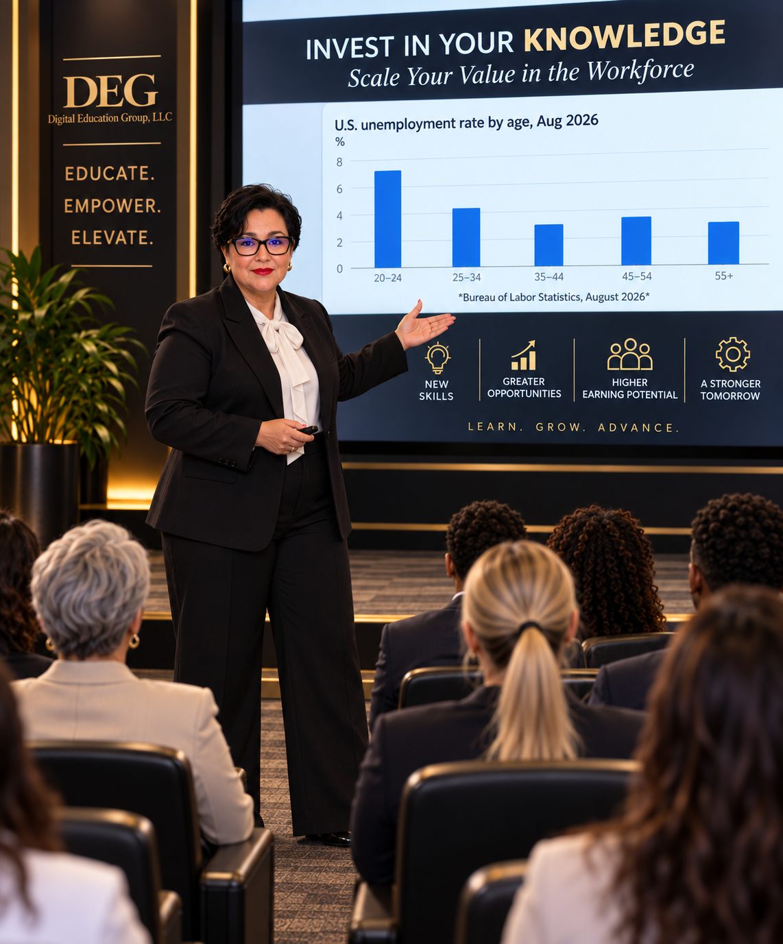Illustrative scene of Dr. Kat presenting a workforce development seminar to an audience