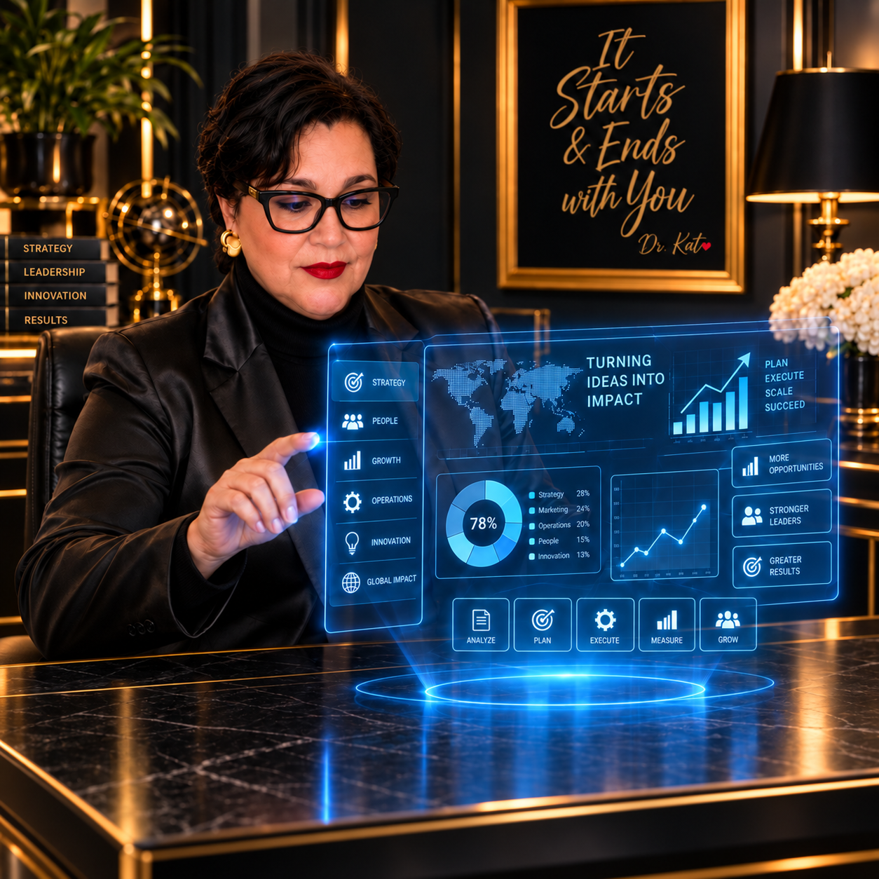 Dr. Kat interacting with a blue holographic business dashboard in a black-and-gold office